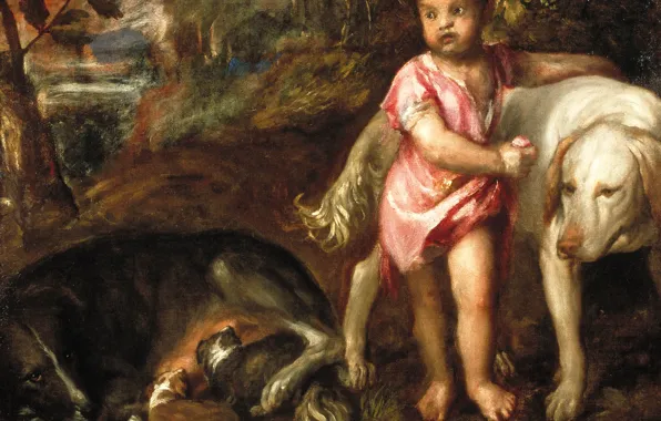Картинка щенки, Мальчик с собаками, Titian Vecellio