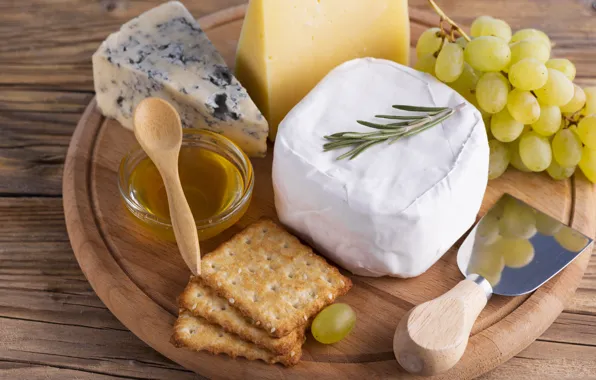 Картинка сыр, виноград, мёд, крекеры, розмарин, дор блю, Cheese, сыр с плесенью, Dorblu, благородный сыр