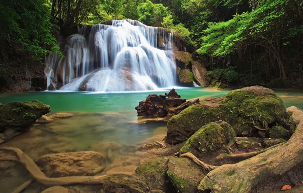 Картинка зелень, лес, деревья, тропики, камни, водопад, Таиланд
