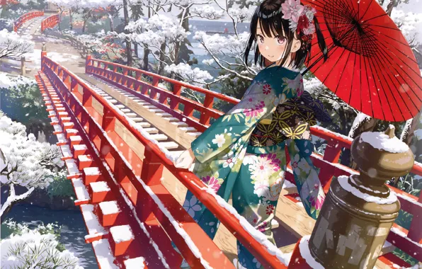 Картинка девочка, кимоно, красный зонт, зимний пейзаж, цветок в волосах, обернулась, деревянный мост, снег на ветках, …