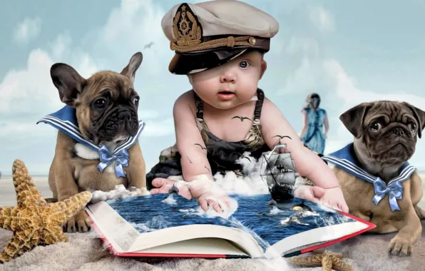 Картинка песок, облака, детство, ребенок, морская звезда, книжка, лялька, две собачки, капитнская фуражка
