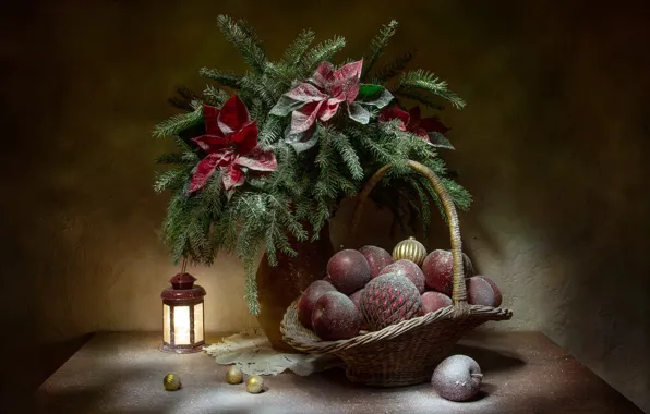 Картинка шарики, цветы, ветки, праздник, шары, яблоки, рождество, ель, фонарь, ваза, фрукты, натюрморт, корзинка, салфетка, ёлочные …