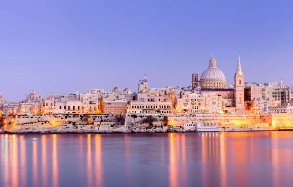 Картинка огни, дома, панорама, собор, Мальта, Валетта