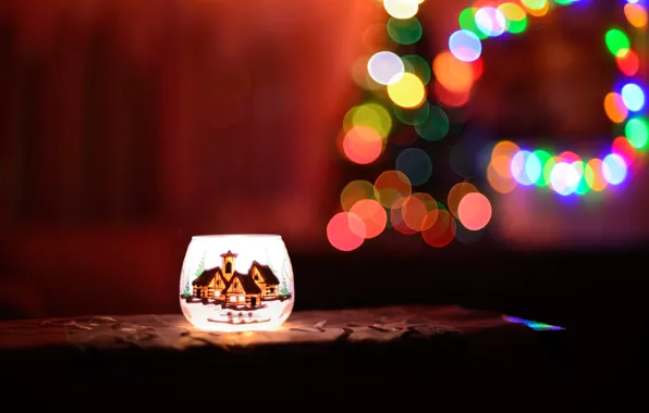 Картинка зима, ночь, темный фон, праздник, огоньки, Рождество, светильник, Новый год, ткань, гирлянда, ёлочка, подсвечник, боке, …