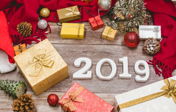 Картинка украшения, Новый Год, Рождество, подарки, happy, Christmas, wood, New Year, decoration, gift box, Merry, 2019