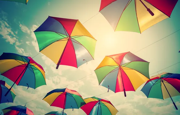 Картинка лето, небо, colors, зонт, colorful, зонтики, rainbow, summer, flying, umbrella