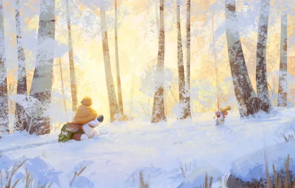 Картинка зима, лес, мышка, прогулка, корги