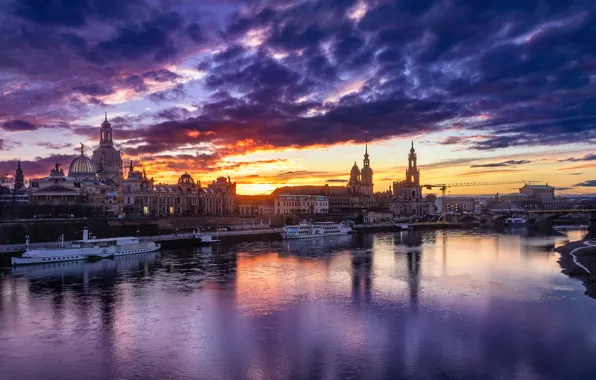 Картинка небо, вода, облака, закат, мост, город, река, Дрезден, Germany, sunset, Dresden, cityscapes, Dresden skyline, german …