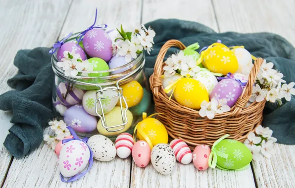 Картинка цветы, яйца, colorful, Пасха, happy, wood, pink, blossom, flowers, spring, Easter, eggs, decoration, basket
