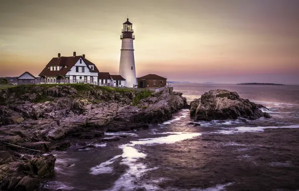 Картинка пейзаж, закат, камни, океан, маяк, дома, Портленд, США