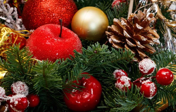 Картинка иней, шарики, ветки, ягоды, праздник, шары, яблоко, плоды, Рождество, Новый год, ёлка, шишка, хвоя, ёлочные …