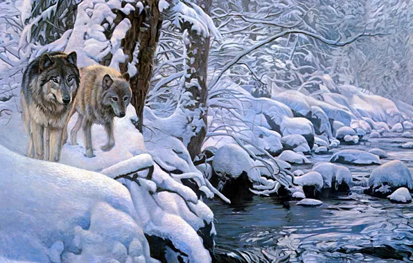 Картинка зима, иней, лес, снег, деревья, ветки, природа, река, камни, берег, течение, рисунок, картина, арт, пара, …