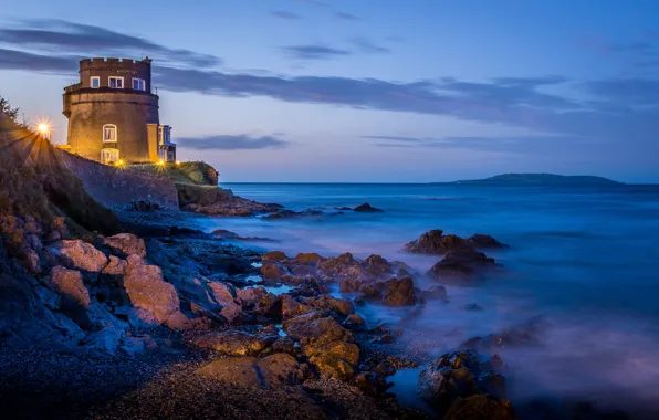 Картинка пейзаж, природа, берег, башня, вечер, освещение, Ирландия, Мартелло, Martello tower, Портмарнок- Мартелло