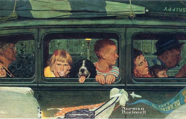 Картинка машина, лодка, собака, семья, поездка, Norman Rockwell, Иллюстрация