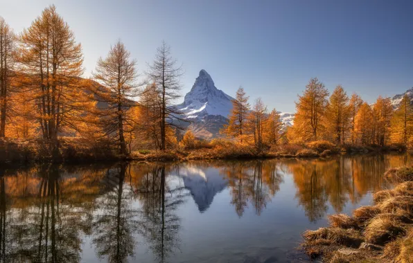 Картинка Switzerland, Autumn, Mountains, Lake, Matterhorn