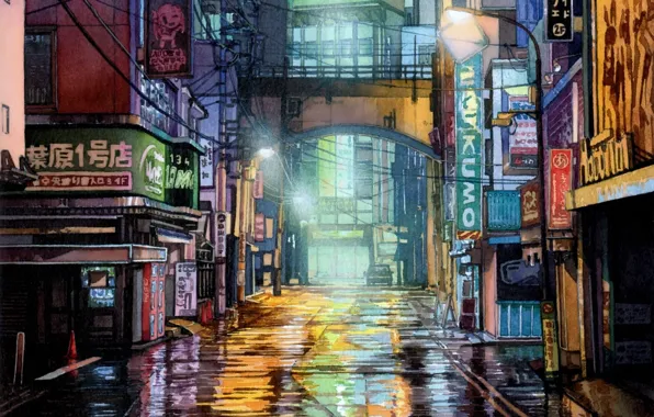 Картинка провода, Япония, мокрый асфальт, огни ночного города, безлюдный город, свет фонарей, огни реклам, by Mateusz …