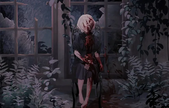 Картинка девушка, дождь, кровь, стул, Nijisanji, виртуальный ютубер, Jijia, Kudou Chitose