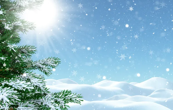 Картинка зима, иней, небо, солнце, лучи, свет, снег, снежинки, ветки, сияние, рендеринг, в снегу, ель, текстура, …