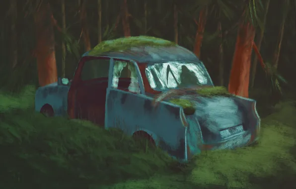 Картинка рисунок, брошенная машина, машина в лесу, лес ночь