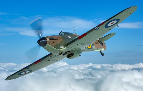 Картинка Облака, Истребитель, Hawker Hurricane, Hurricane, RAF, Вторая Мировая Война, Hawker Hurricane MK1