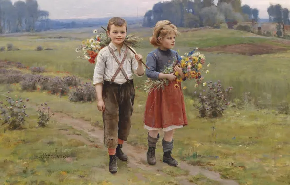 Картинка французский живописец, 1895, French painter, Цезарь Паттейн, Cesar Pattein, Дети возвращаются домой, Children Returning Home