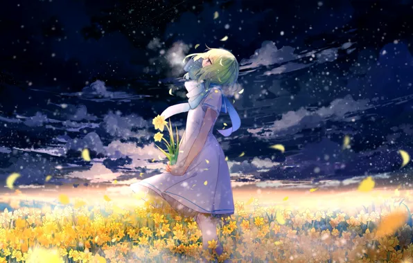 Картинка лепестки, девочка, белое платье, зеленые волосы, цветочное поле, букетик, смотрит вверх, небо в облаках, lluluchwan, …