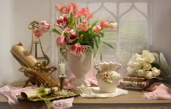 Картинка цветы, свеча, окно, тюльпаны, ваза, натюрморт, салфетки, свитки, Валентина Колова