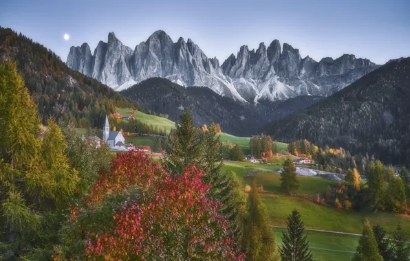 Картинка осень, пейзаж, горы, природа, деревня, Италия, леса, луга, Доломиты