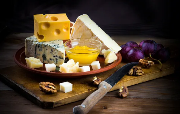 Картинка сыр, мед, виноград, нож, орехи