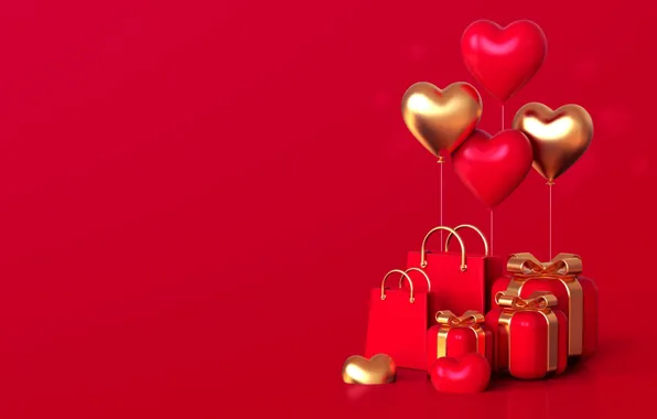 Картинка любовь, романтика, сердце, подарки, сердечки, red, golden, love, happy, romantic, hearts, открытка, 14 февраля, Valentine's …