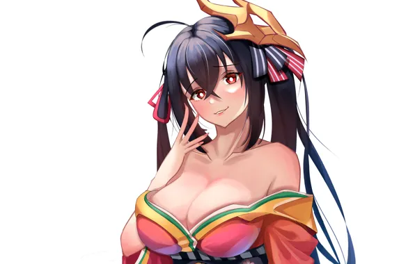 Картинка girl, sexy, cleavage, blouse, long hair, boobs, anime, beautiful, red eyes, pretty, brunette, breasts, attractive, …