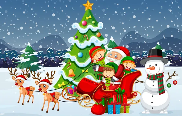 Картинка Улыбки, Зима, Снег, Рождество, Новый год, Эльфы, Санта Клаус, Олени, Merry Christmas, Снеговик, Рождественская елка, …