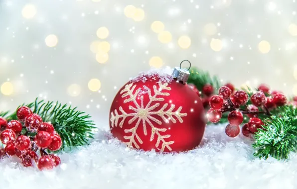 Картинка красный, праздник, шарик, плоды, Рождество, Новый год, боке, ёлочная игрушка
