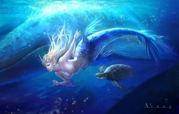 Картинка океан, русалка, фэнтези, арт, черепашка, Mermaid, TaeKwon Kim(A-rang)
