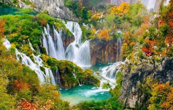 Картинка осень, вода, водопад, Хорватия, Плитвицкие озера