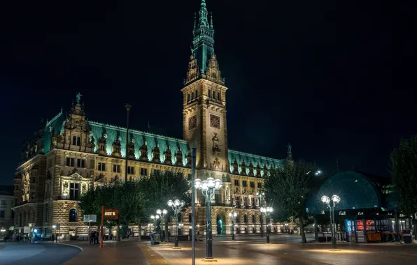 Картинка ночь, огни, часы, башня, Германия, площадь, фонари, Гамбург, дворец