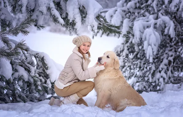 Картинка зима, девушка, снег, деревья, природа, животное, собака, ели, пёс, Виктория Дубровская