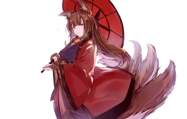 Картинка белый фон, японская одежда, красный зонт, Amagi, демон-лис, kitsune, Azur Lane, рыжая девочка, ушки животоного, …