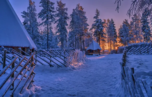 Картинка зима, снег, деревья, закат, забор, избушка, Финляндия, Finland, Lapland, Лапландия