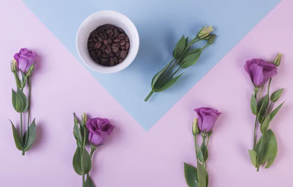 Картинка фиолетовый, цветы, фон, кофе, зерна, чашка, flowers, cup, purple, beans, coffee, эустома, eustoma