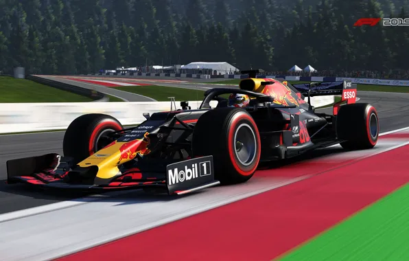 Картинка скорость, трасса, поворот, трибуны, гоночный автомобиль, F1 2019, Red Bull RB15
