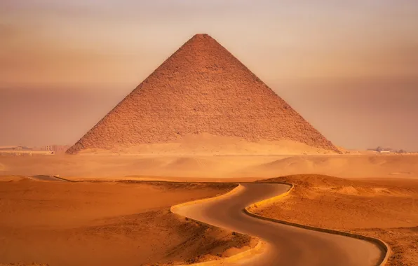 Картинка road, desert, landscape, Egypt, sand, pyramid, dunes, monument, Giza, Cairo