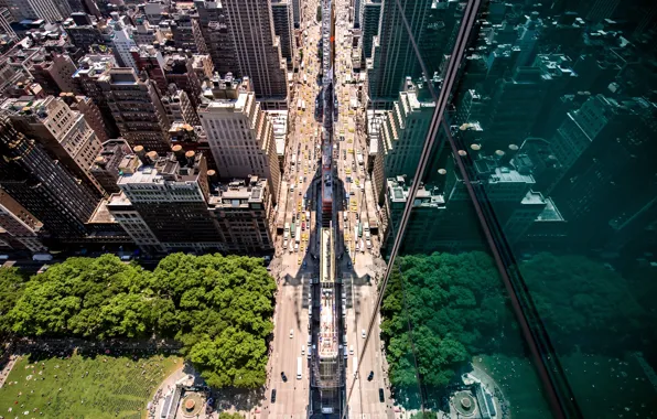 Картинка город, отражение, улица, США, вид сверху, Нью - Йорк