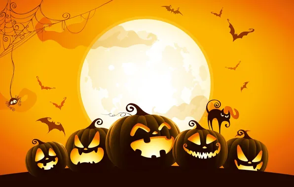 Картинка луна, Halloween, тыква, летучая мышь, Хэллоуин