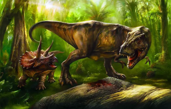 Картинка Хищник, Двое, Животные, Raptor, Dinosaur, Triceratops, T-Rex, Тираннозавр, Оскал, Tyrannosaurus Rex, Трицератопс, Древние животные, Вымершие …