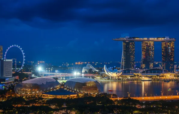 Картинка ночь, город, Сингапур, колесо обозрения, Singapore, Singapore city