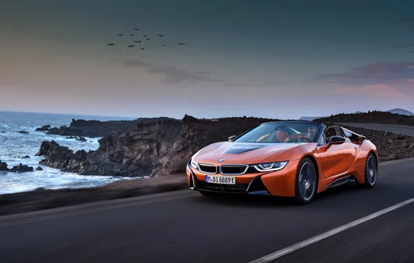 Картинка скалы, побережье, BMW, родстер, 2018, i8, тёмно-оранжевый, i8 Roadster