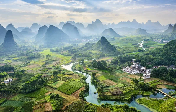Картинка горы, река, China, поля, деревня, Китай, Yangshuo County, Cuiping village