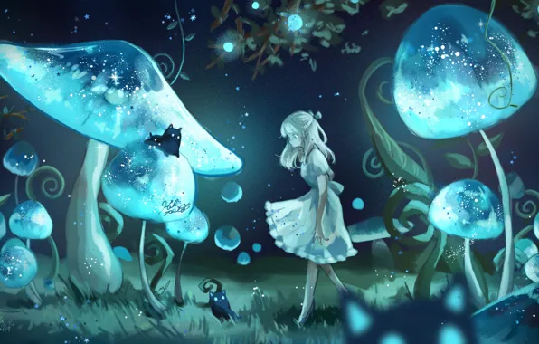 Картинка девушка, кошки, ночь, грибы, фэнтези