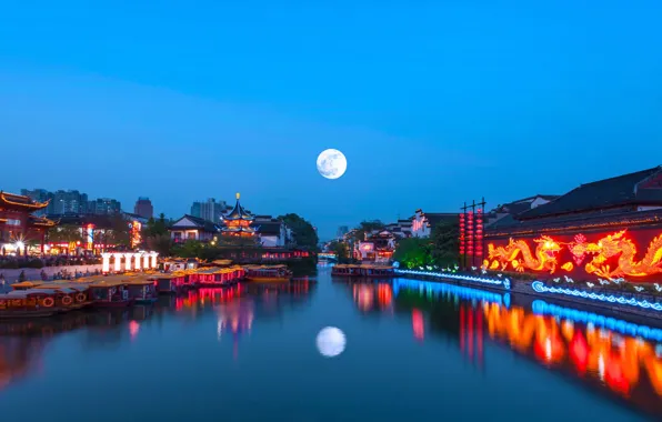 Картинка огни, Луна, Китай, Нанкин, река Циньхуай, праздник середины осени